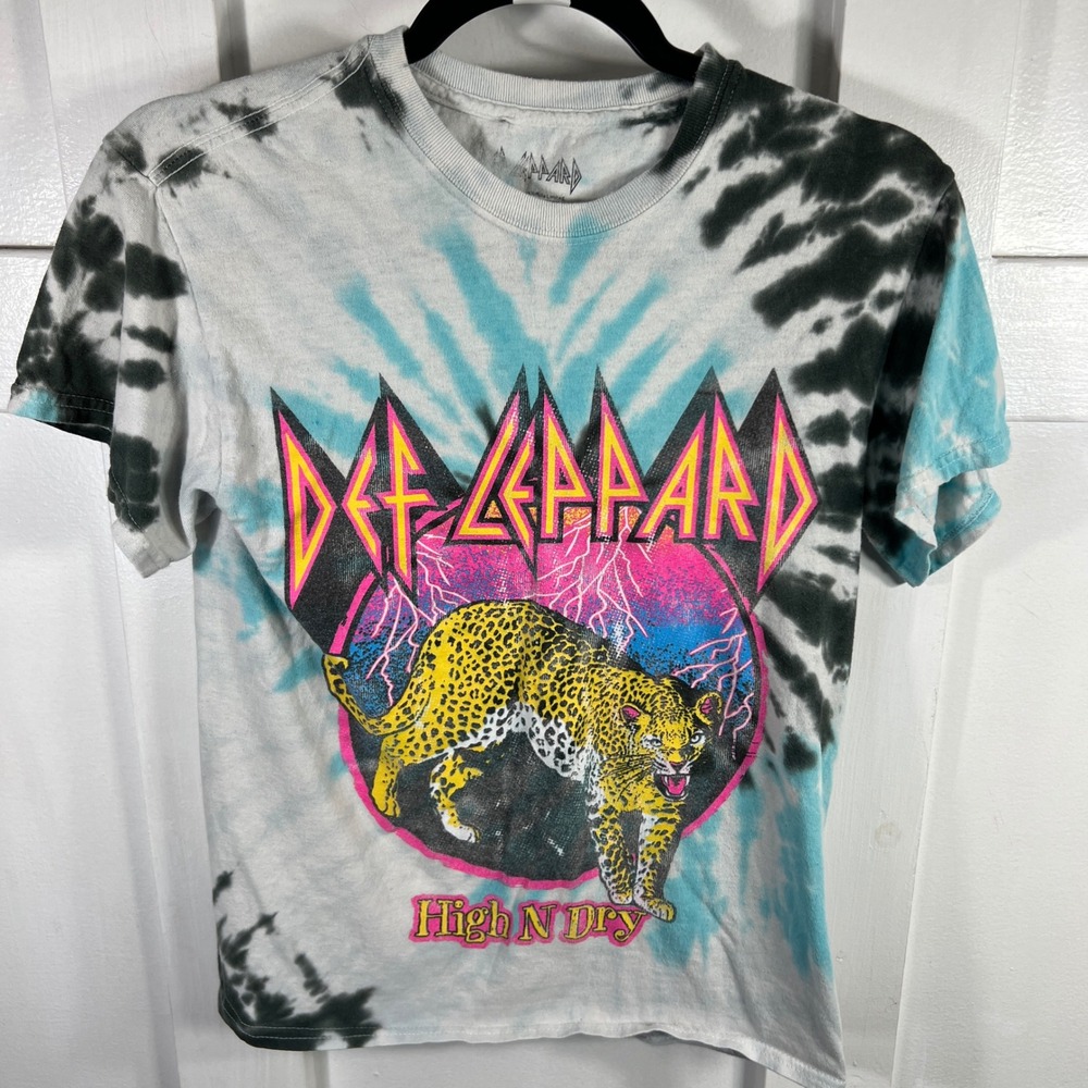 Def Leppard High N Dry Tie Dye Graphic T-Shirt Small Teal Black Rock Band Tee